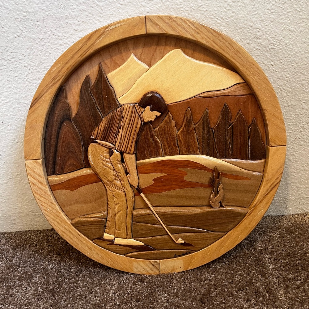 Wooden Golf 3D Brown Tone Signed MCM Hand Carved Wall Sport Plaque Hang 2006